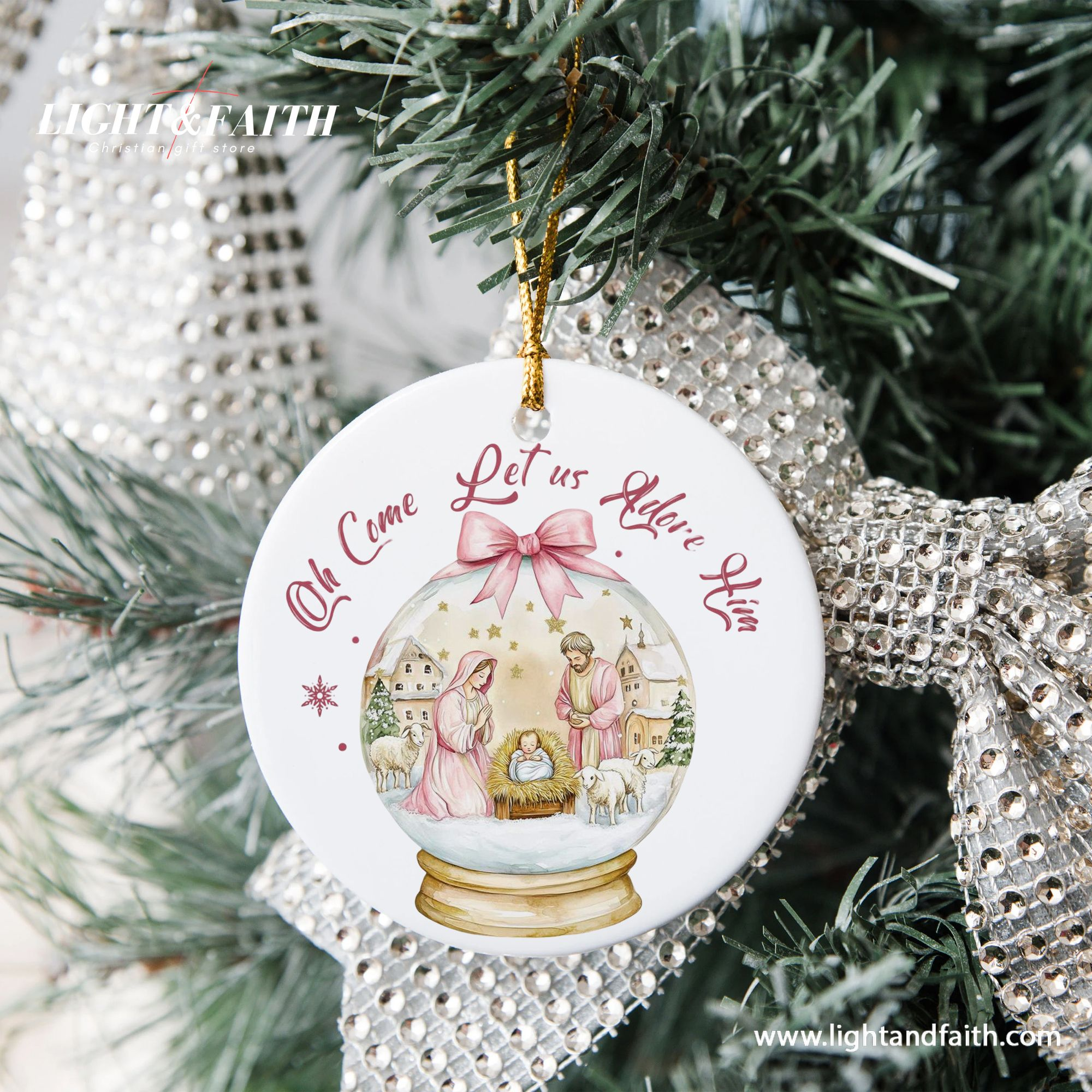 Oh Come Let Us Adore Him Christmas Ornament, Nativity Scene Snow Globe Design, Christian Holiday Decoration, Religious Xmas Tree Decor DCLAF45